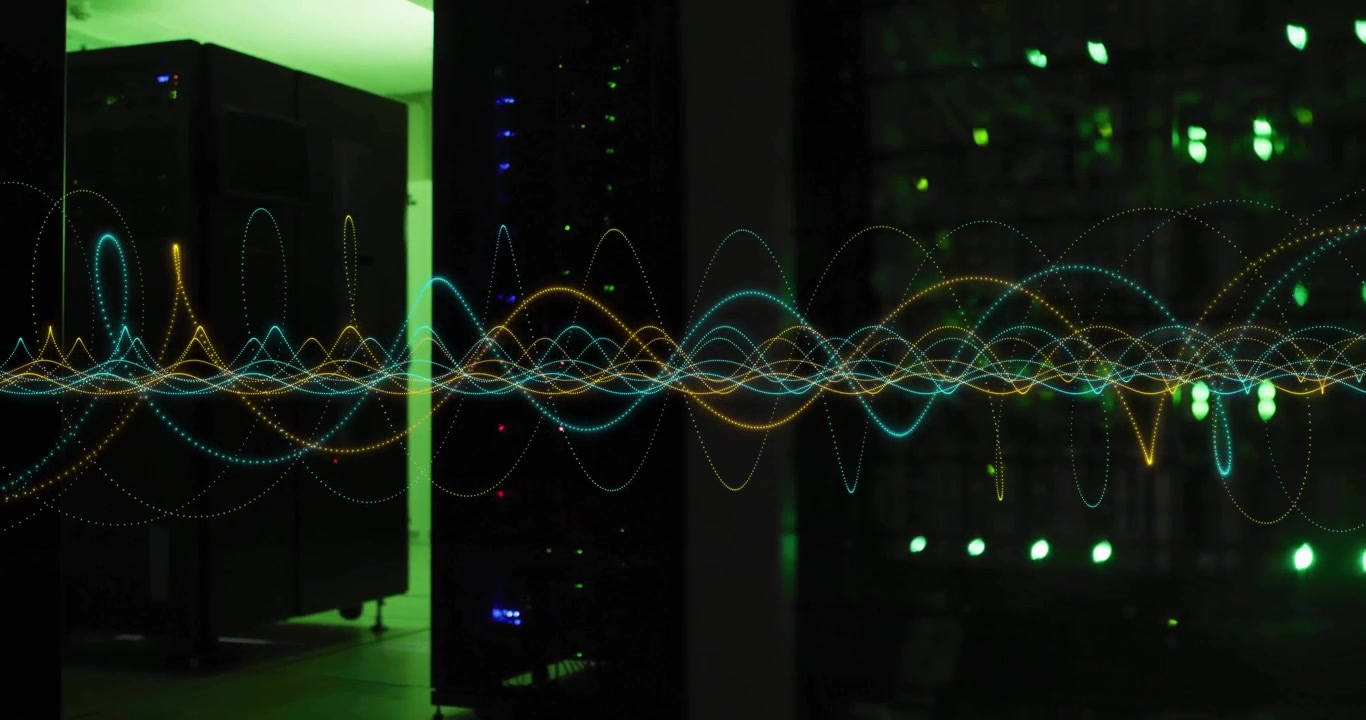 on startup multicolored waveform overlay appearing across server rack corridor showing data flow