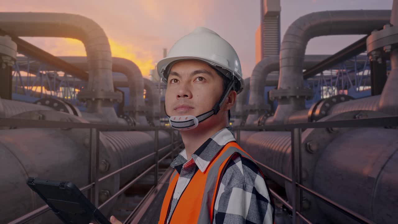 Close Up Side View Of Asian Male Engineer With Safety Helmet Looking At The Tablet In His Hand And Looking Around While Standing, Industrial Pipeline Network at Sunset