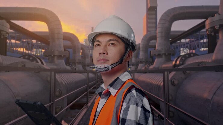 Close Up Side View Of Asian Male Engineer With Safety Helmet Looking At The Tablet In His Hand And Looking Around While Standing, Industrial Pipeline Network at Sunset