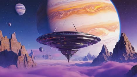 ufo flying over an alien world with a jupiter-like planet in the sky