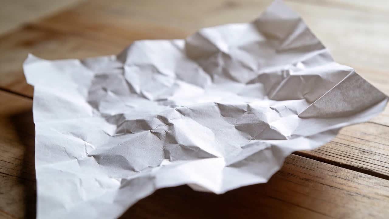 Moving camera bringing crumpled white paper closer on wooden table, showing creases with warm light