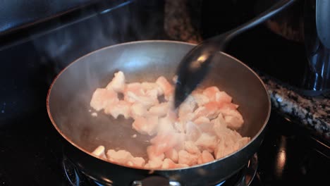 revolviendo una sartén de pollo, cocinando en la estufa