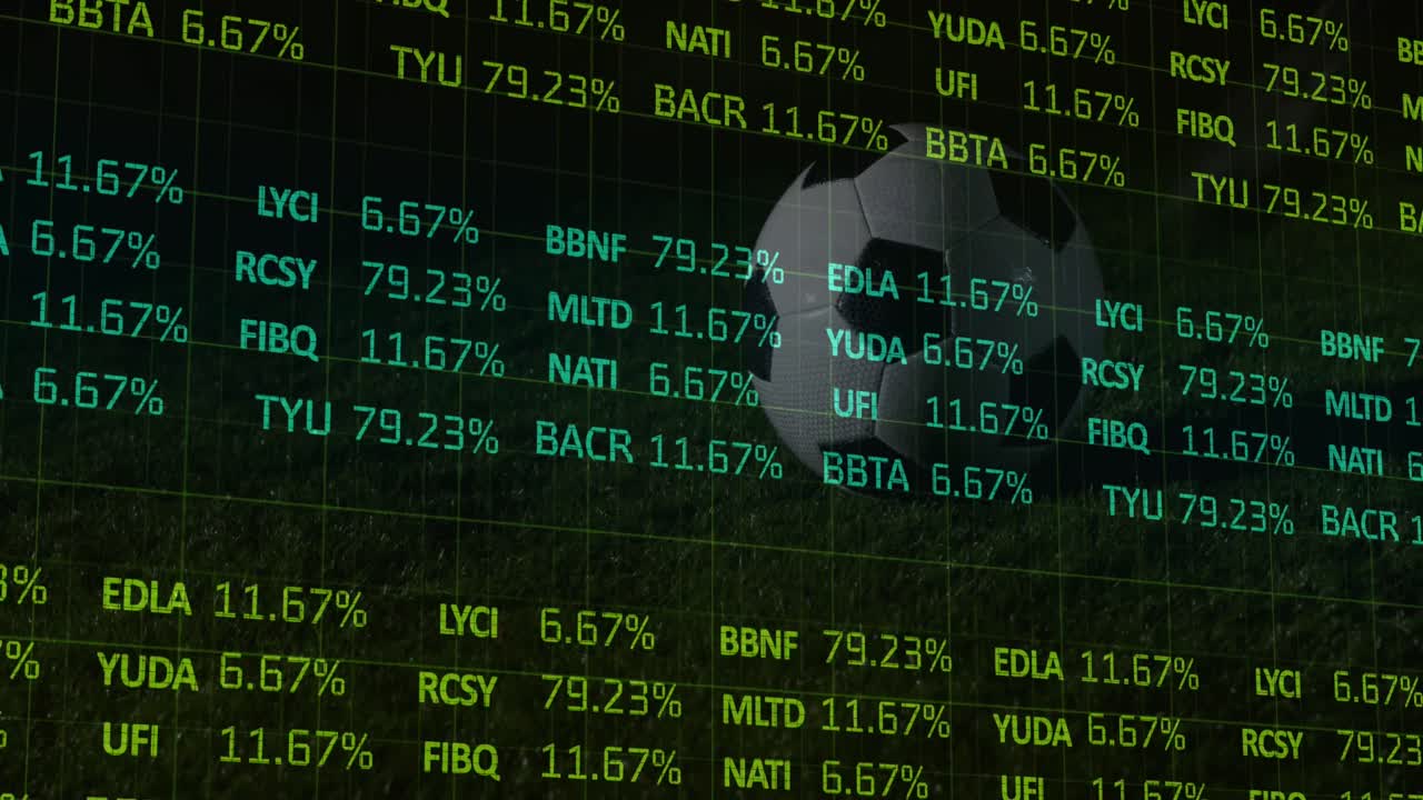 animación del procesamiento de datos financieros sobre el jugador de fútbol pateando la pelota