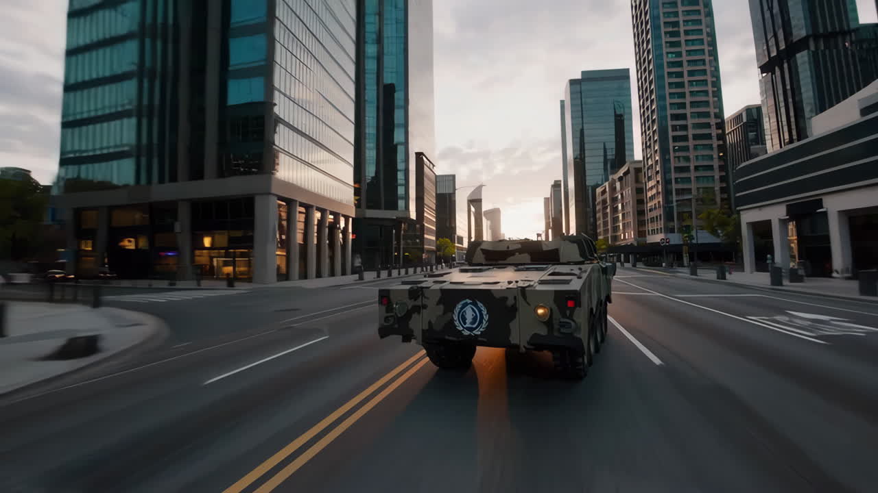 Military Vehicle in City Street at Sunset
