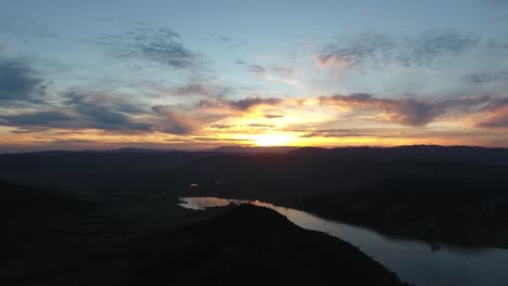 sunset over lake salagou by drone.