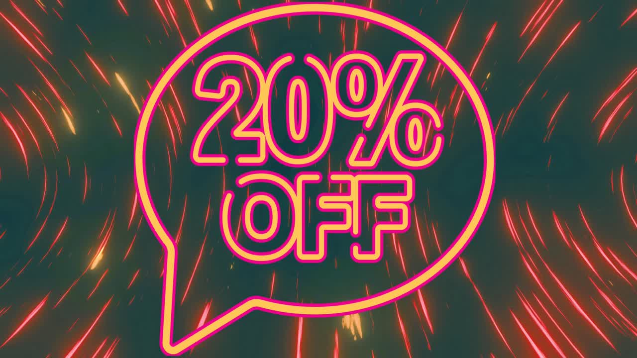 animación de 20 por ciento de texto en letras de neón naranja y rosa con rastros de luz en el fondo