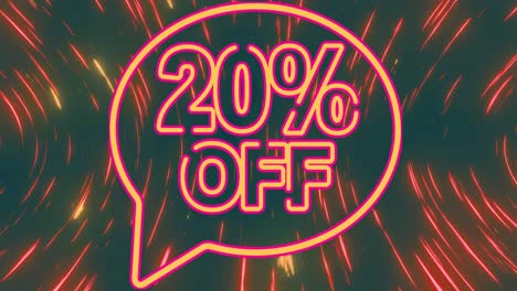 animation of 20 percent off text in orange and pink neon letters with light trails in background