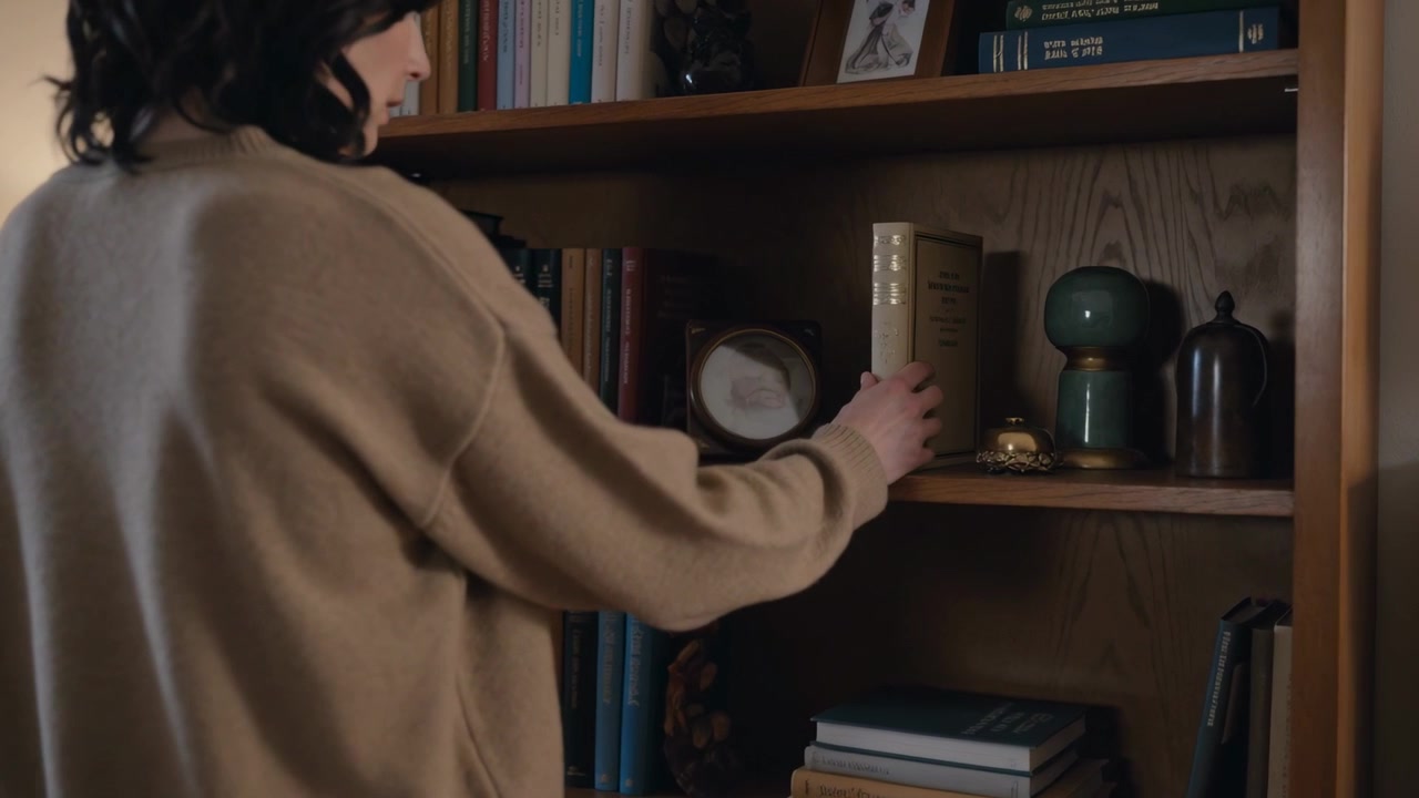 Noticing tall gold book, reaching woman in beige knit sweater retrieving it from bookcase at home