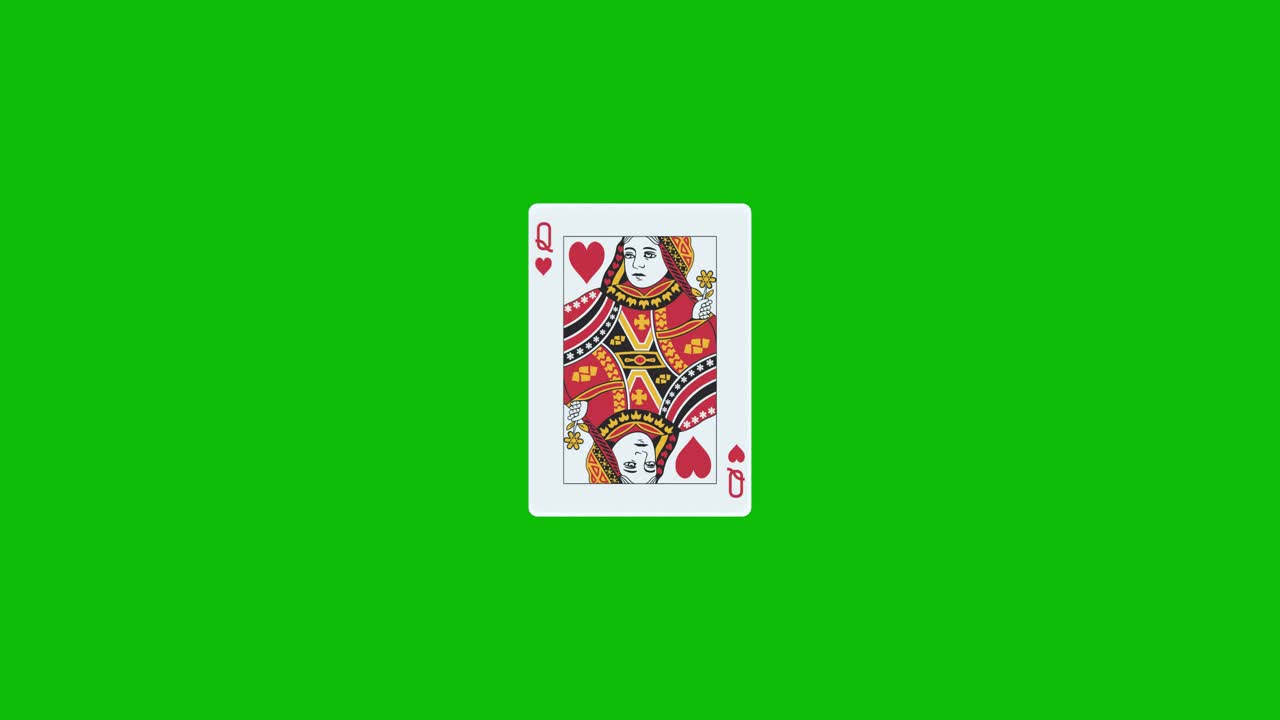 Queen of hearts poker card spins and reveals on green screen, 3D animation. You can adjust the timing of the clip to control the reveal effect