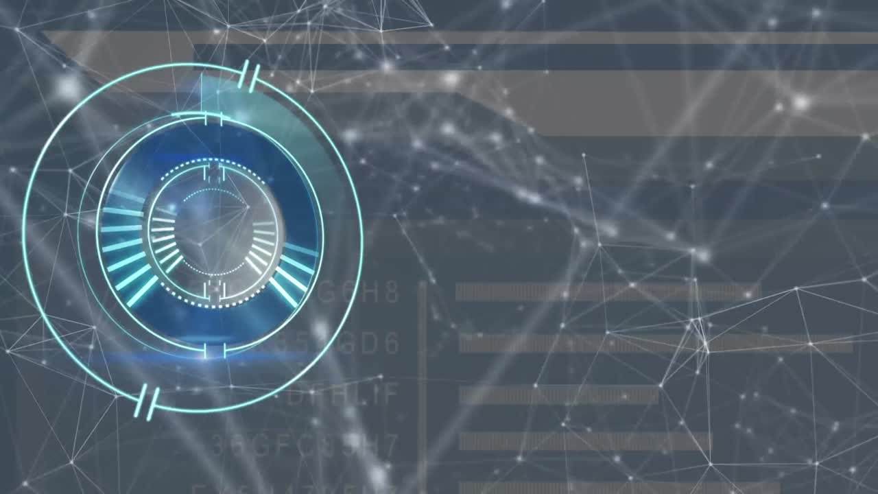 animación del escaneo del alcance sobre el procesamiento de datos y la red de conexiones en fondo negro.