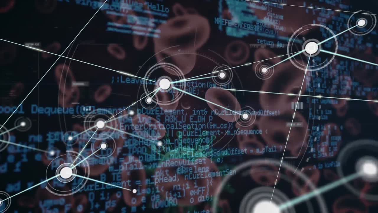 animación de la red de conexiones y procesamiento de datos sobre células covid sobre fondo negro