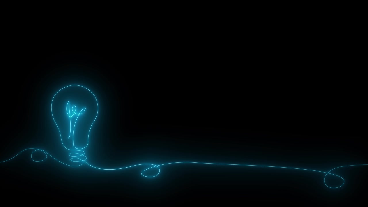 Minimal neon idea bulb visual with thin cyan outline flowing electric line black negative space and