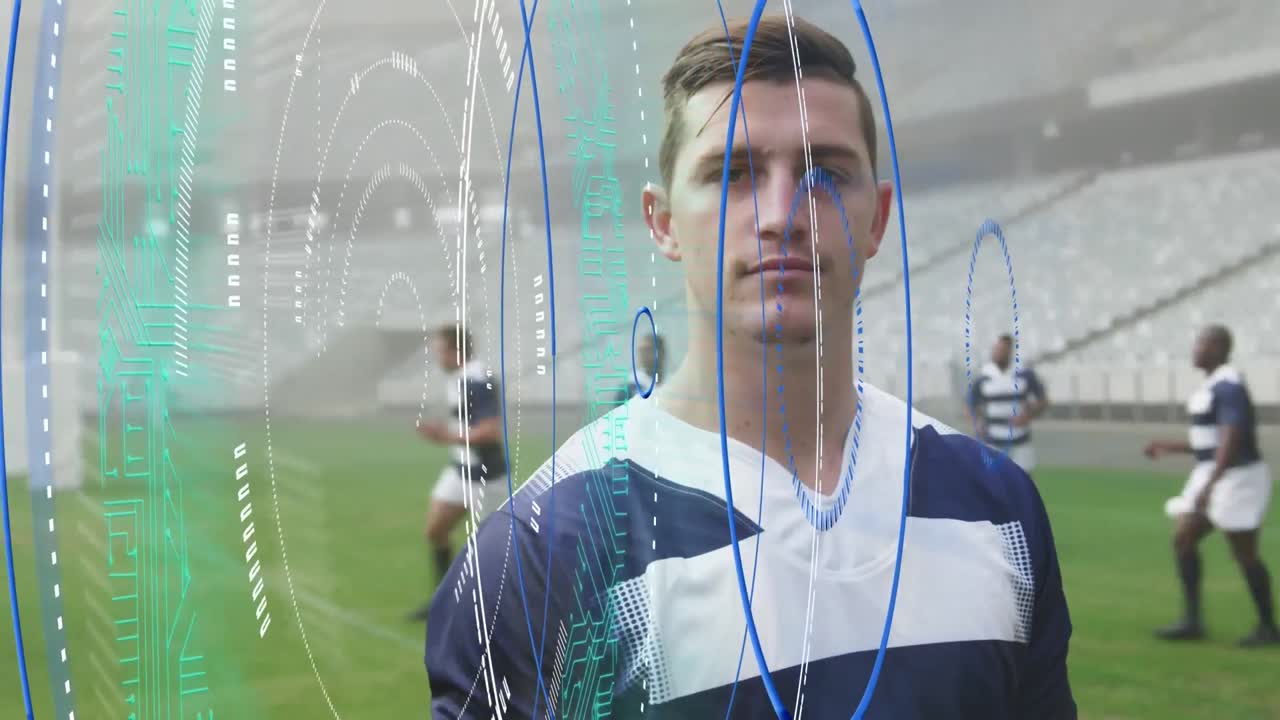 animación de escaneo de alcance sobre jugadores de rugby masculinos durante el partido en el estadio
