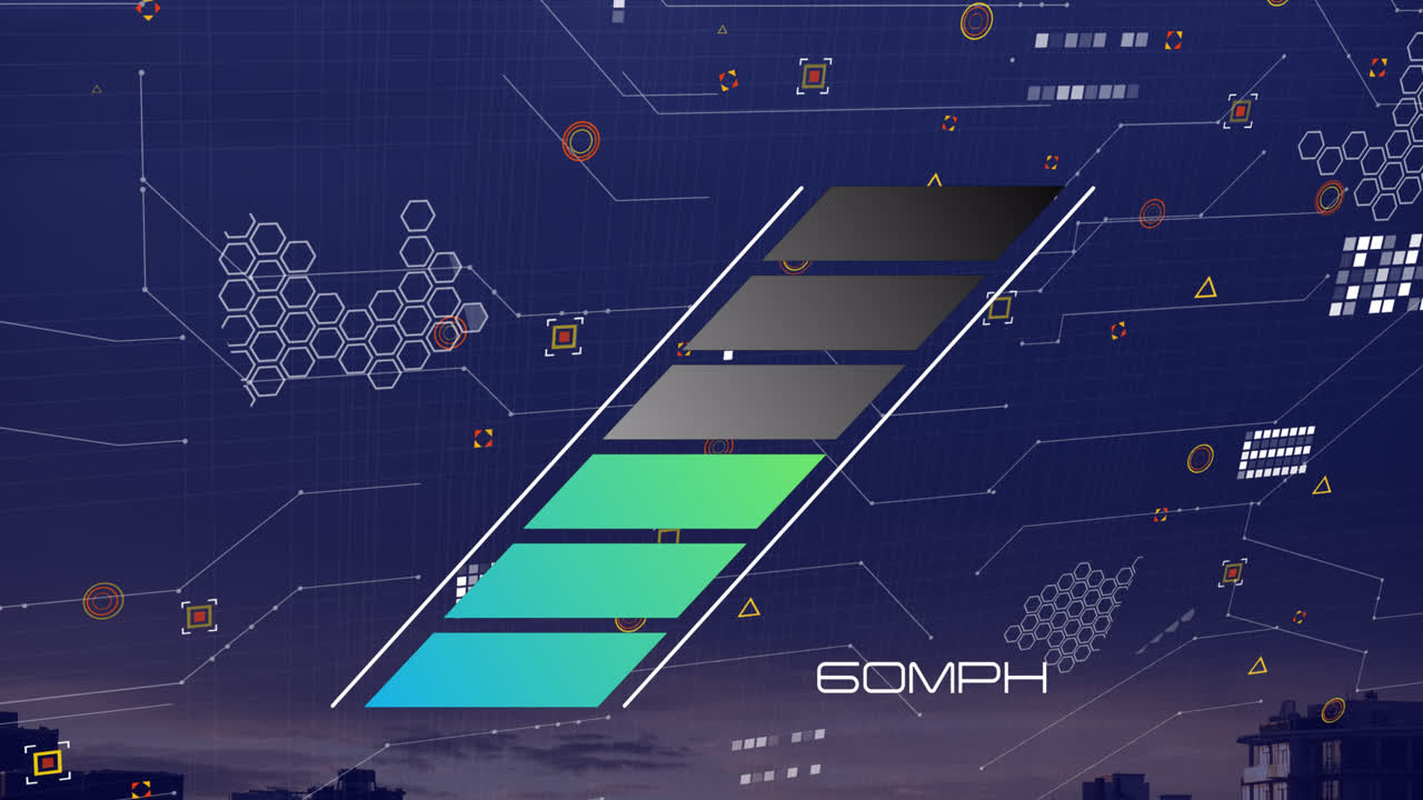 Animation of speedometer over icons and cityscape