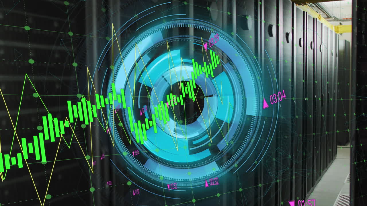 Animazione di cerchi di caricamento con numeri e grafici multipli su sala server di rete