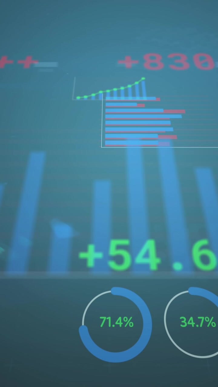 Animazione di numeri che cambiano su grafici multipli e una bacheca di trading su sfondo blu