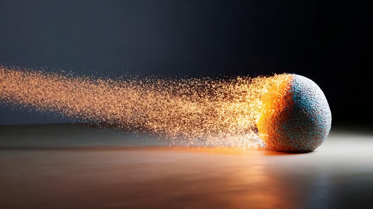 Dynamic Motion of a Colorful Sphere: Capturing the Transformation of Particles as They Erupt from the Surface, Creating a Stunning Visual Contrast of Blue and Orange