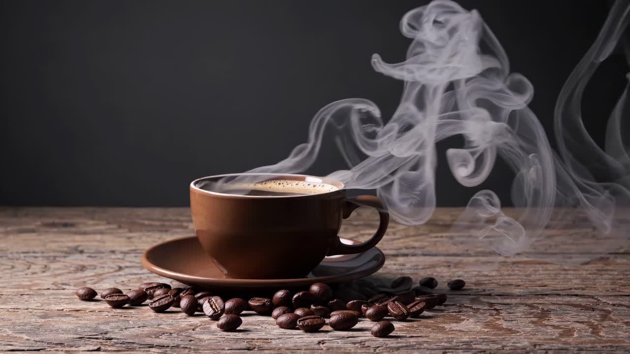 Steaming coffee cup on rustic wood, surrounded by beans. Side angle captures aroma and warmth