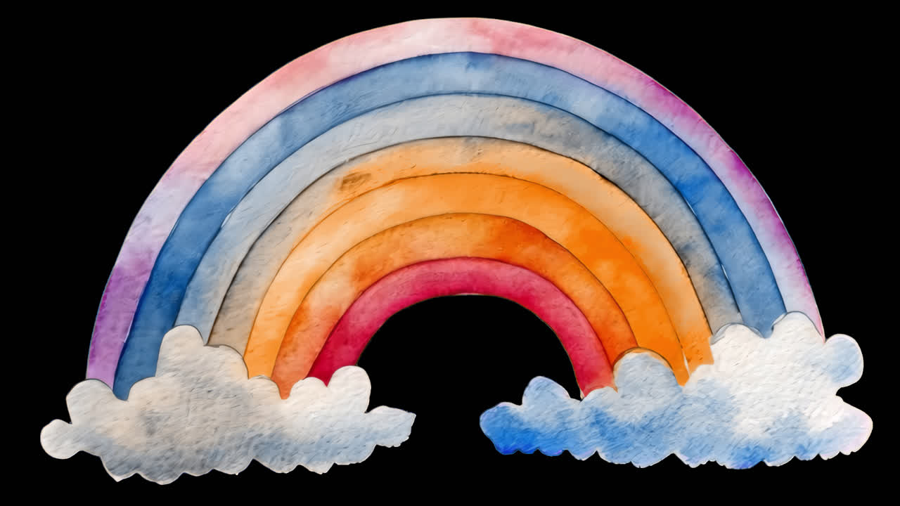 Animação de ilustração de arco-íris em aquarela colorida isolada, vídeo transparente em 4K, alfa