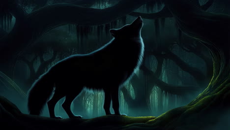 silhouette of a wolf in a dark enchanted forest