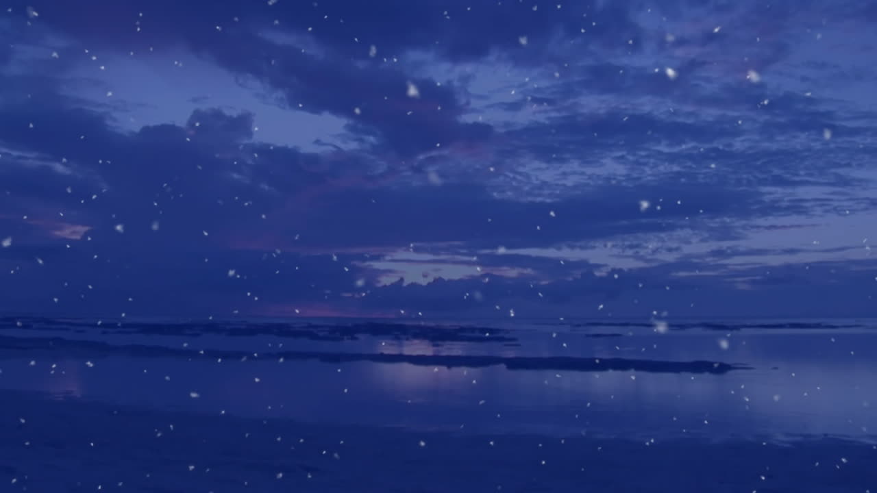Snowfall animation over serene ocean landscape at dusk
