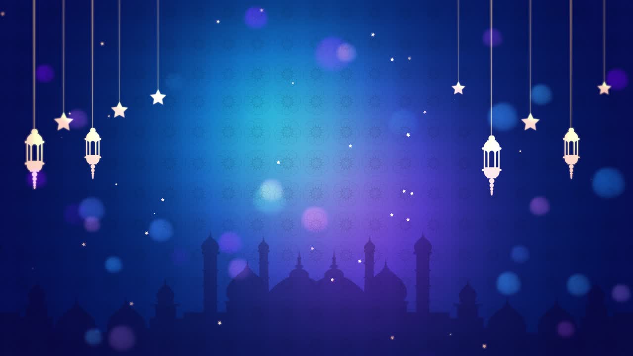 Ramadan & Eid Mubarak: Islamic Background with Lantern, Bokeh Particles & Mosque