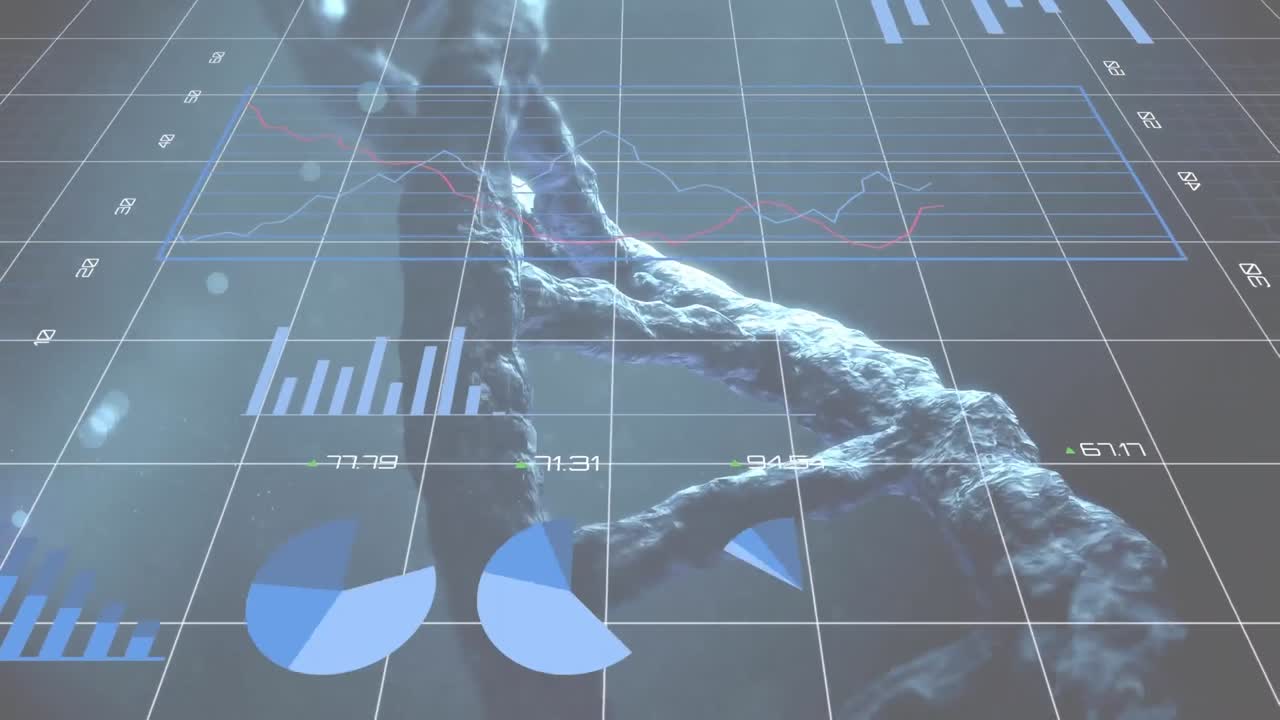 추상적인 배경 위에 변하는 숫자와 회전하는 dna 나선이 있는 여러 그래프의 애니메이션