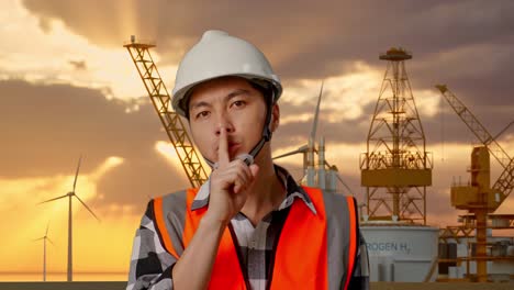 안전 헬을 착용한 아시아 남성 엔지니어가 해상 수소 생산장에서 서 있는 동안 shh 제스처를 하고 있다.