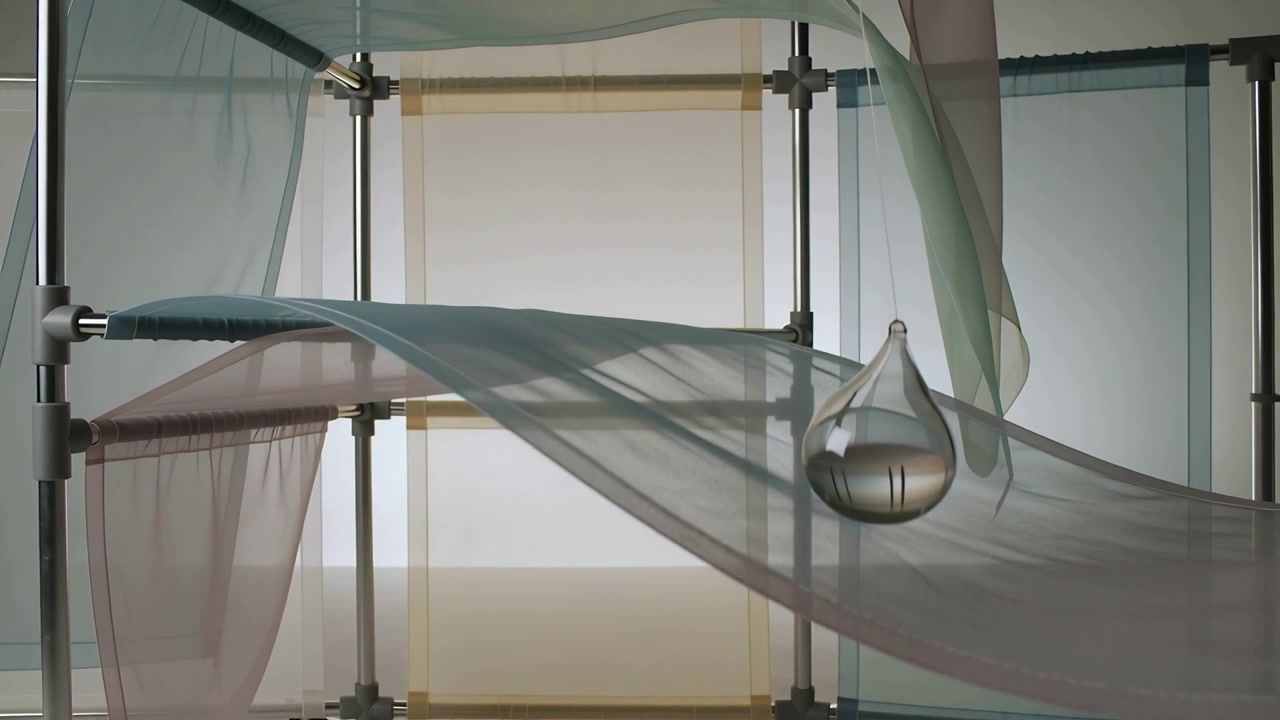 Rolling glass teardrop shifting right on pastel fabric in studio as panels moving, scaffold visible