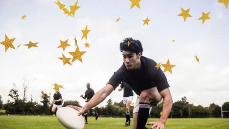 animation of stars over diverse male rugby players playing at stadium