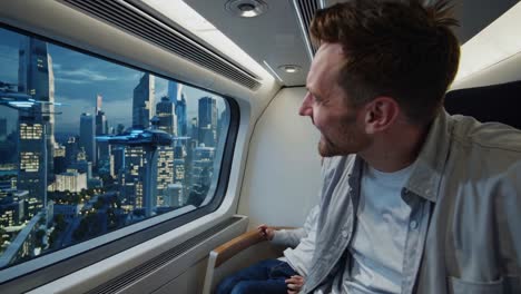 father and son enjoying a futuristic train ride