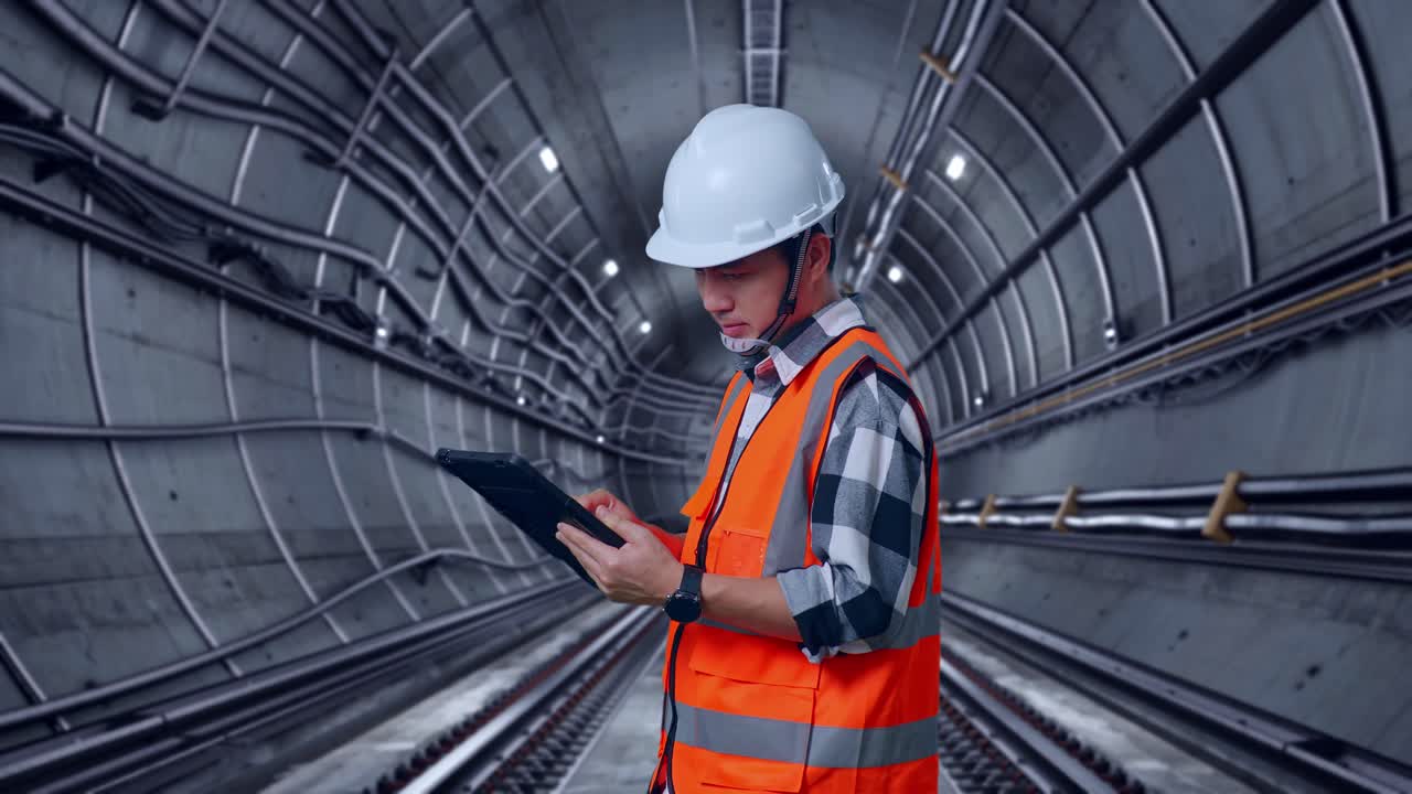 Side View Of Asian Male Engineer With Safety Helmet Working On A Tablet While Standing In Underground Subway Tunnel