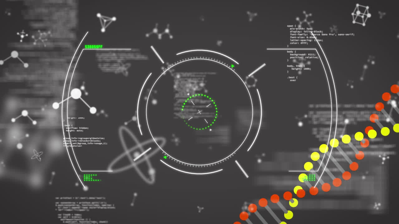 회색 바탕에 떠다니는 분자 위에 회전하는 이중 나선 dna 가닥의 애니메이션