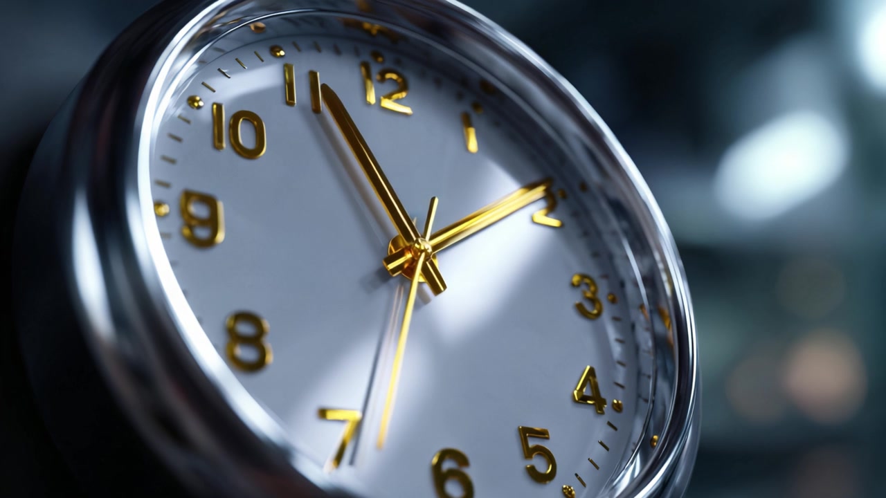 Um close-up de um relógio analógico clássico com ponteiros de hora e minuto dourados distintos, marcando a passagem do tempo em um ambiente moderno.