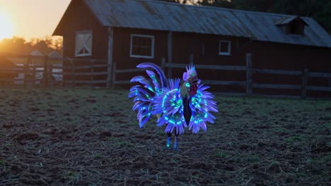 glowing rooster in a field