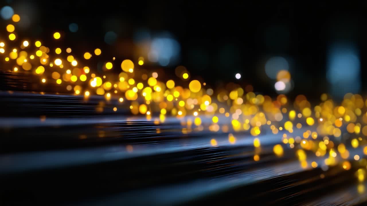 A Dynamic Display of Colorful Light and Bokeh Effects on Stairs Capturing the Transition from Blue to Gold in an Enchanting Visual Experience