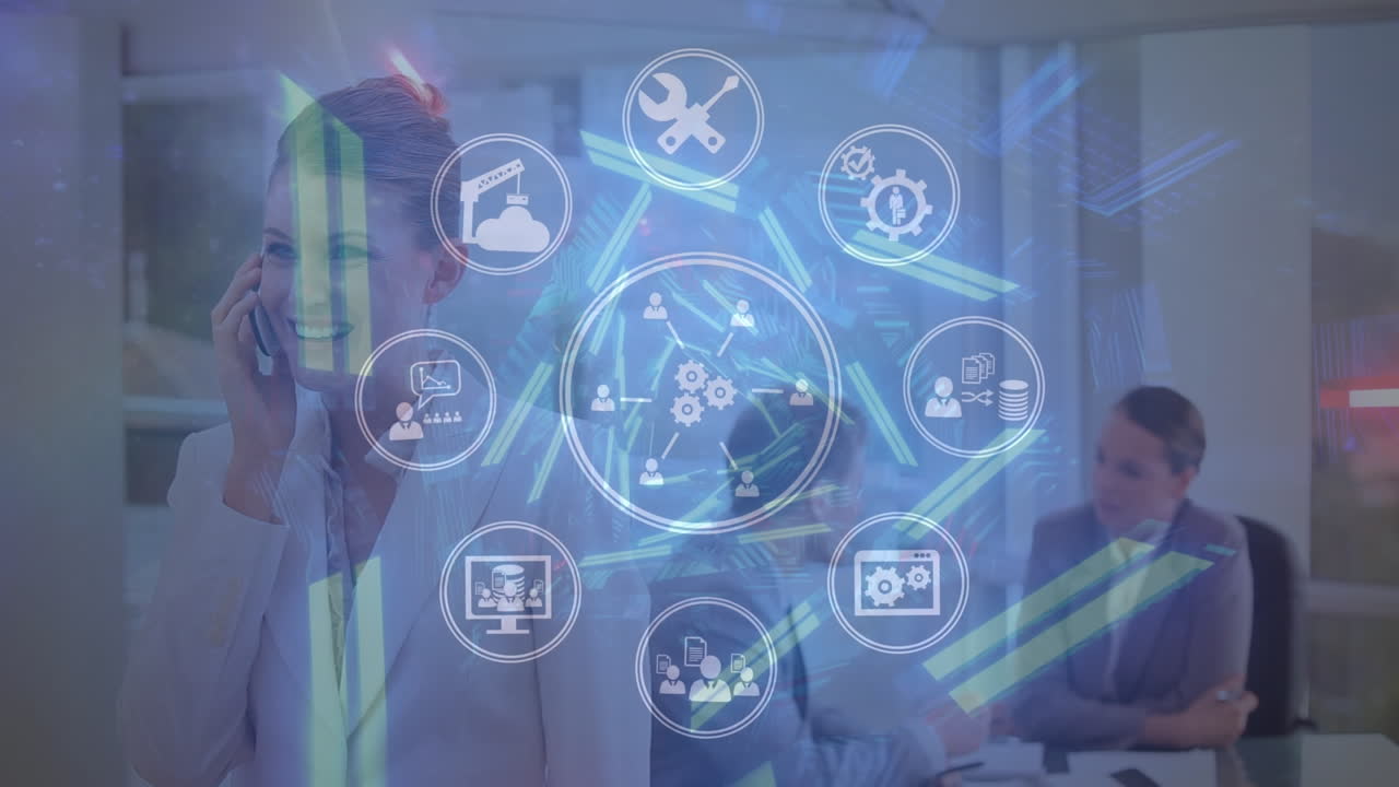 animación del procesamiento de datos sobre la gente de negocios caucásica hablando