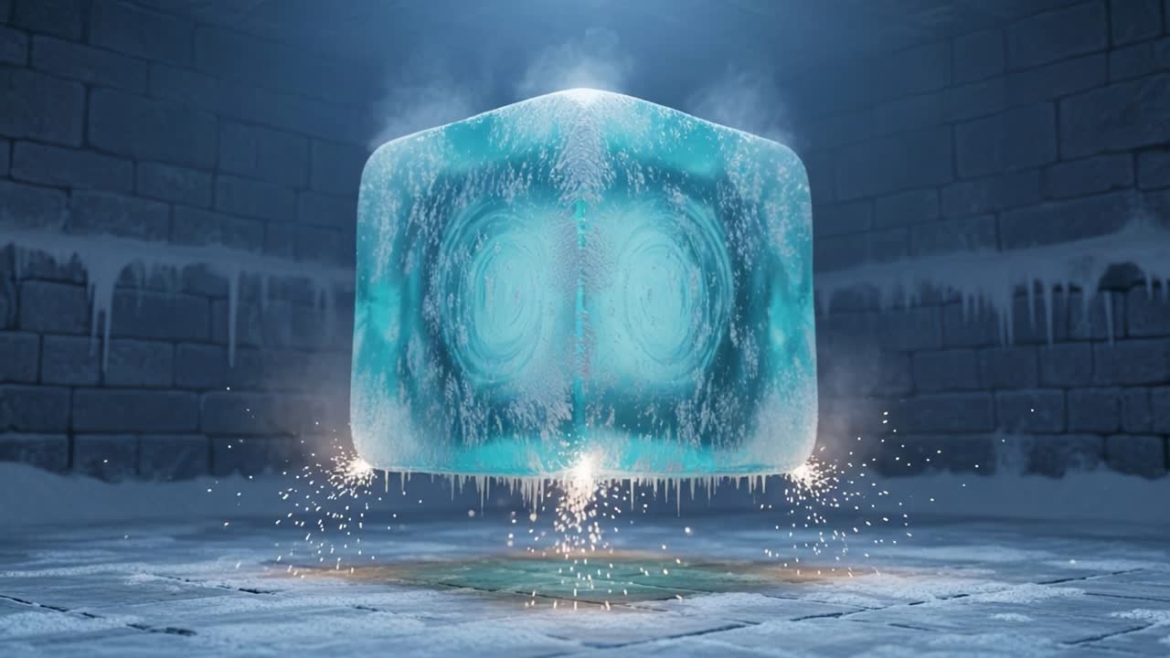 A Majestic Floating Ice Cube Surrounded by an Icy Environment and Glowing Effects, Capturing the Essence of Winter's Beauty in a Dreamlike Setting