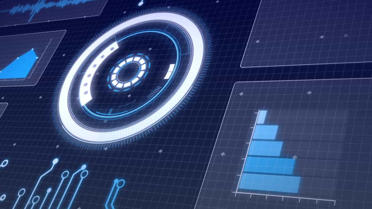 Animation of statistics recording and scope scanning on screens over grid