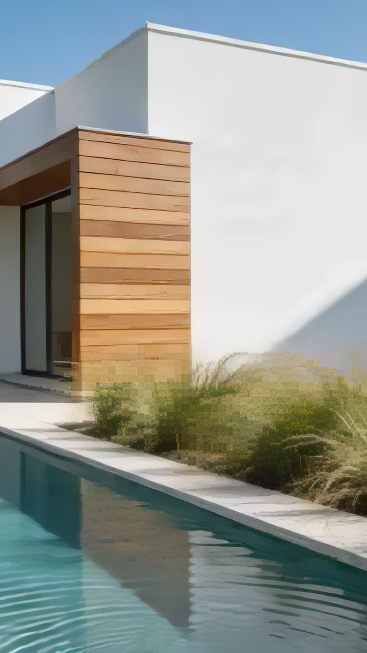 Video vertical: Piscina con ondas y hierbas meciéndose reaccionando a una ligera brisa junto a una puerta de madera, espacio para texto
