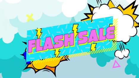 animation of retro flash sale text on blue banner with text on speech bubbles