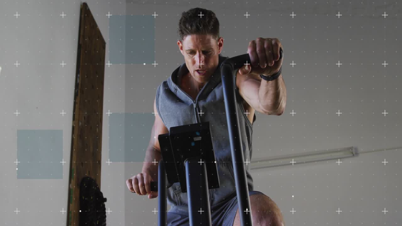 Man glancing at console, gripping handles and pedaling for cardio, overlay grid tracking effort