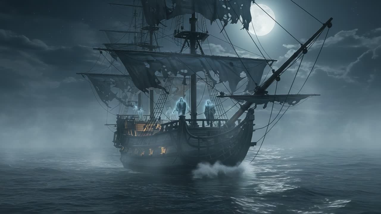 A haunting pirate ship drifts through misty waters under a full moon, with ghostly figures haunting its deck, evoking a sense of eerie adventure and maritime mystery