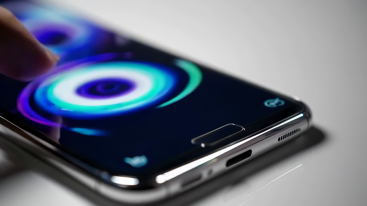 Close-up of a finger interacting with a smartphone's colorful touchscreen display