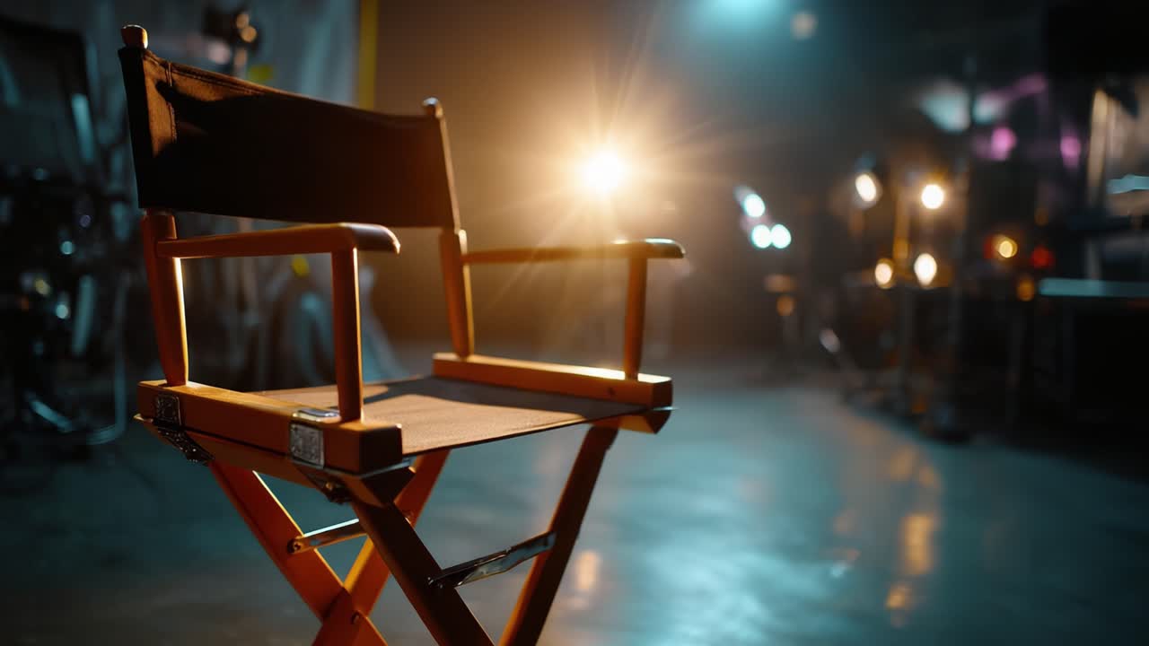 A Director's Chair in a Cinematic Studio Setting, Bathed in Soft Lighting, Surrounded by Cinematographic Equipment and Illuminated Background Elements