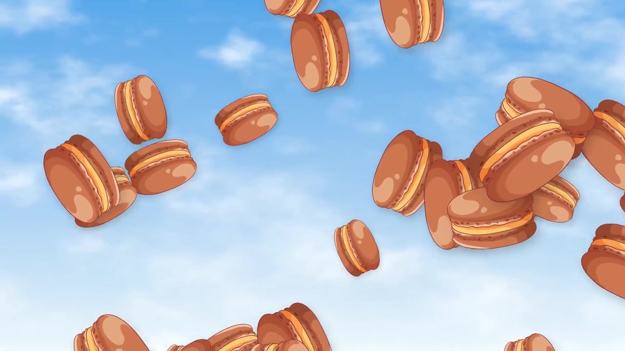 Chocolate macarons fall and tumble through a bright blue sky with soft white clouds.