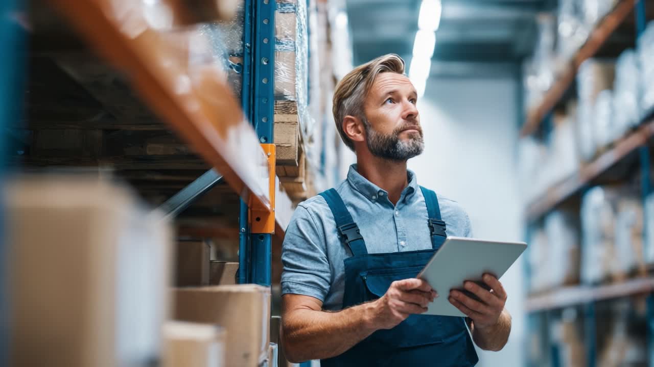 Magazziniere che analizza i dati di inventario con un tablet nel magazzino, circondato da scaffali di scatole di cartone e prodotti