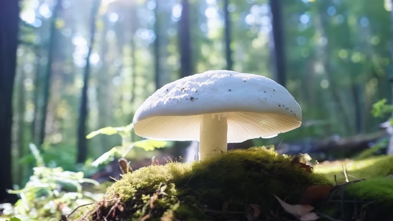 Soft sunlight gently filtering through dense forest trees, casting warm light on white mushroom growing amidst lush green moss in tranquil woodland environment