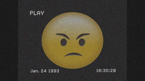 digitale animation von vhs-glitch-effekt über wütende gesichts-emoji gegen grauen hintergrund
