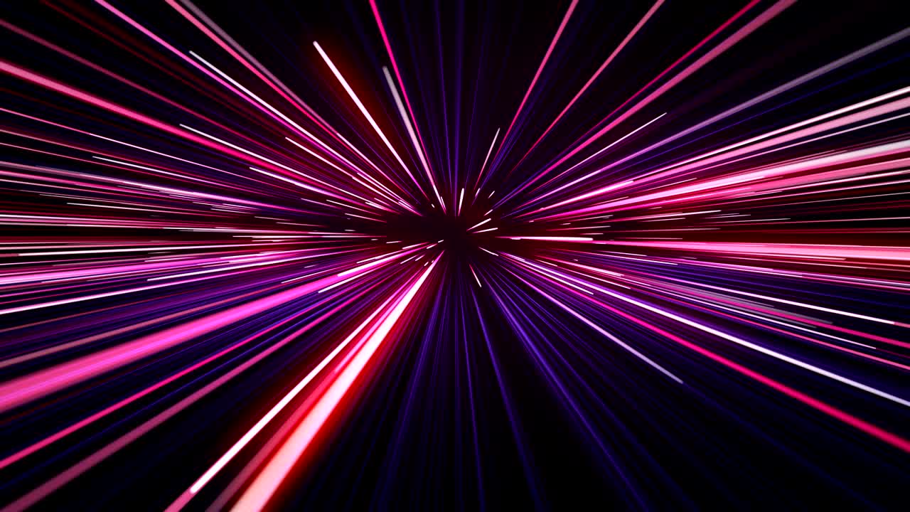 별을 통한 우주 여행: 핑크와 파란색의 트레일, 아름다운 추상적인 하이퍼스페이스 점프, 디지털 디자인 개념, 반이는 선의 루프 3d 애니메이션